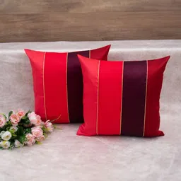 RoyalDeco 2 Pieces Royal Red & Brown Silk Striped Square Cushion Covers-image-72