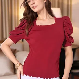 IUGA Women Solid Maroon Square Neck Puff Sleeves Top-image-13