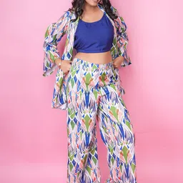 GO BOUJEE Printed Shoulder Strap Neck Crop Top & Jacket With Trousers Co-Ords-16