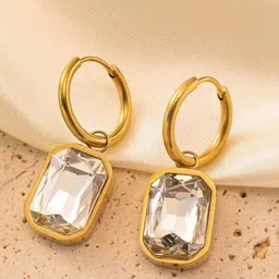 EL REGALO Stainless Steel Stone Studded Geometric Hoop Earrings-image-47
