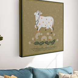 Myntra Elegant Homes Khaki & White Pichwai Cow Canvas Birds and Animals Wall Art-picture-48