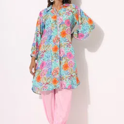 AARAAS Floral Printed Shirt Collar Pure Silk Tunic & Palazzos-picture-6