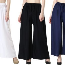 Pack of 3 Women Relaxed White, Black, Dark Blue Viscose Rayon Trousers-image-48