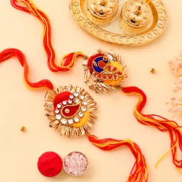 Designer Famous Rajasthani Special Art 2-Gota Patti Rakhi, Rakhi Card, Thali & Tilak Pack Gold Finish, Kundan, Pearl, Mauli Thread Rakhi, Greeting Card, Thali, Chawal Roli Pack Set-image-48