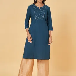 RANGMANCH BY PANTALOONS Geometric Yoke Design Notch Neck Thread Work Cotton A-Line Kurta-picture-10