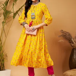 Shae by SASSAFRAS Yellow Ethnic Motifs Printed Tie-Up Neck A-Line Kurta-picture-18