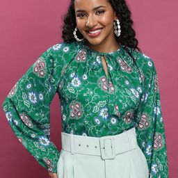 Tokyo Talkies Green & White Floral Printed Tie-Up Neck Extended Sleeves Top-image-27