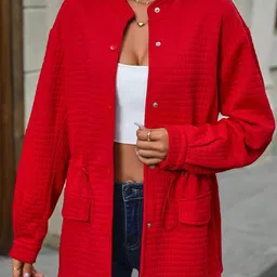 Stylecast X KPOP Red Self Design Open Front Jacket image 1