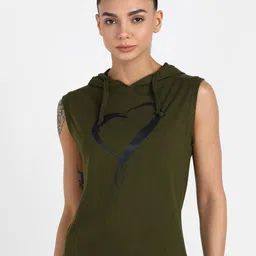 Rock Paper Scissors Women Olive Green Printed Pure Cotton Hooded Tank Top-image-11