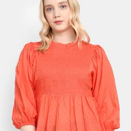 V-Mart Micro Disty Printed High Neck Puff Sleeves Ruffled Cotton Peplum Top-20