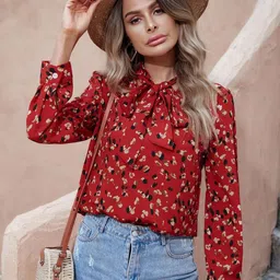 Kotty Red Abstract Printed Tie-Up Neck Regular Top-picture-16