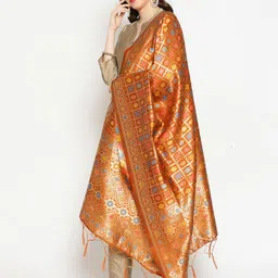 Dupatta Bazaar Rust & Gold-Coloured Ethnic Motifs Woven Design Banarasi Dupatta with Zari image 3
