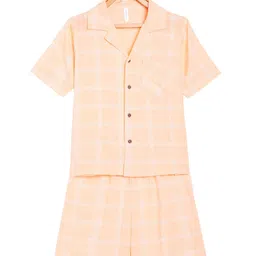 Stylo Bug Girls Peach-Coloured & White Checked Pure Cotton Night suit-image-64