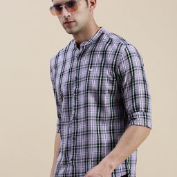 SHOWOFF Standard Slim Fit Tartan Checks Mandarin Collar Cotton Casual Shirt-image-74