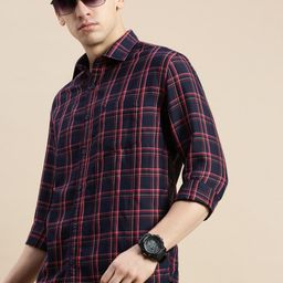 SHOWOFF Standard Slim Fit Checked Spread Collar Long Sleeves Cotton Casual Shirt-image-59