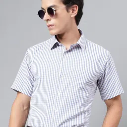 English Navy Men Easy Iron Blue Grid Tattersal Checked Slim Fit Short Sleeves Formal Shirt-picture-10