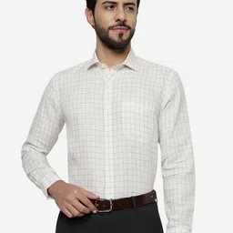JADE BLUE Grid Tattersall Checks Checked Pure Linen Formal Shirt-image-46