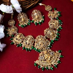 StileAdda Gold Plated Stone Studded & Beaded Temple Jewellery Set-8