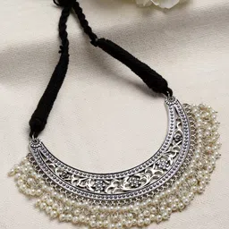 PANASH Oxidised Silver-Plated Pearl Cresent Shaped Choker Necklace-58