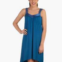 Soie Blue Solid Satin Styled Neckline Sleeveless Knee Length Nightdress-image-37