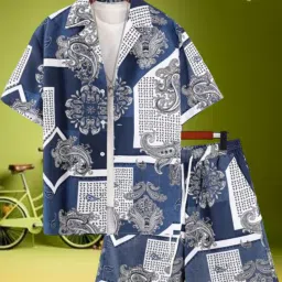 Men Top & Shorts Set Dark Blue Printed-image-41