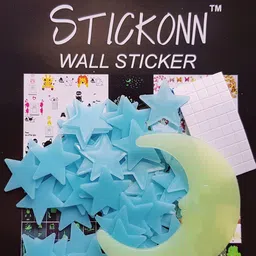 JENNA 51 Pieces Blue Fluorescent Glow In The Dark Stars & Moons Wall Sticker-25