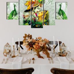 SAF Green & Yellow Set of 5 Radha Krishna Wall Art-image-89
