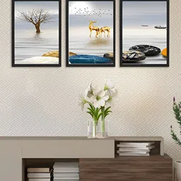 Giftii Grey & Yellow 3 Pieces Wooden Painting Wall Art-image-20
