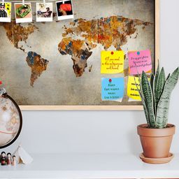 ArtzFolio Brown & Blue Grunge Map Of The World Wooden Bulletin Board With Sticky Notes-26