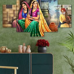 Perpetual Green & Blue Set Of 5 Rajasthani Village 3d Scenery Painting Wall Art-image-17