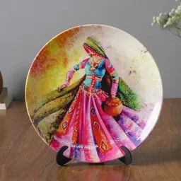 The Decor Mart Pink & Blue Colourful Folk Lady Printed Ceramic Wall Plate-11
