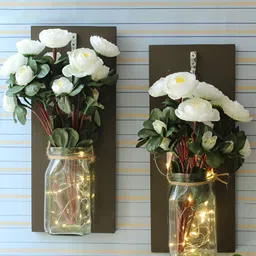 TIED RIBBONS Set of 2 Wall Hanging Sconces Artificial Flowers with Vase & LED Lights-21