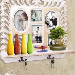 Home Sparkle Gold-Toned Wooden Wall Shelf With Photoframe & Hooks-15