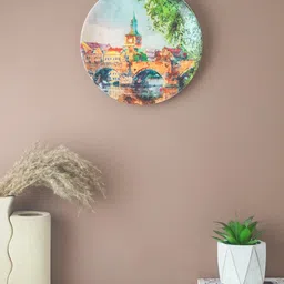 The Decor Mart Green & Orange The Painted Bridge Ceramic Wall Plate-image-1