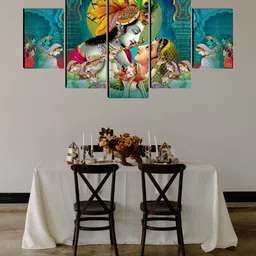 SAF Teal Blue & Yellow Set of 5 Radha Krishna Painting Wall Art-picture-12