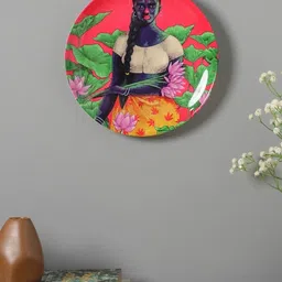 The Decor Mart Pink & Green Beautiful Lotus Lady Printed Ceramic Wall Plate-image-91