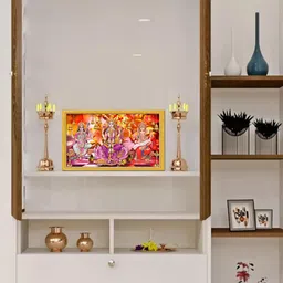 999Store Red & Golden Goddess Lakshmi Saraswati Mata With Ganesh Photo Frame Wall Art image 1