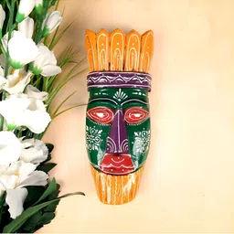 apka mart Green & Orange Tribal Printed Wooden Wall Masks-image-80