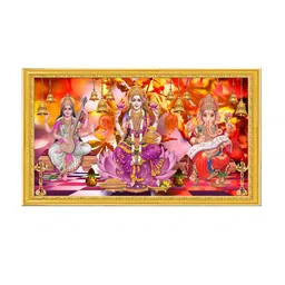 999Store Red & Golden Goddess Lakshmi Saraswati Mata With Ganesh Photo Frame Wall Art image 2