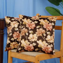 DREAM WEAVERZ Brown Set of 2 Floral Velvet Square Cushion Covers-33