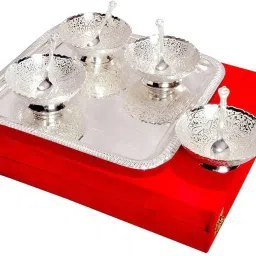 Silver Plated Brass Bowl Set with Tray - Pack of 9 Bowl, Tray, Spoon Serving Set-4