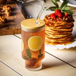 Ribbed Drinking Glasses Tumbler with Bamboo Lids and Straws Glass, Wood Mason Jar-image-42