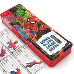 Spiderman Pencil Box with Inbuilt Calculator AND Notebook Stickers For Kids Spiderman Art Plastic Pencil Box-13