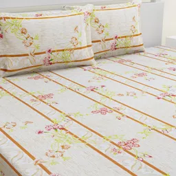HOME AFFAIRS Cream & Pink Floral 144 TC Pure Cotton Queen Bedsheet with 2 Pillow Covers-image-92