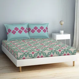 SPACES Aurum Blue Ethnic Motifs Pure Cotton 140 TC Queen Bedsheet With 2 Pillow Covers-image-4