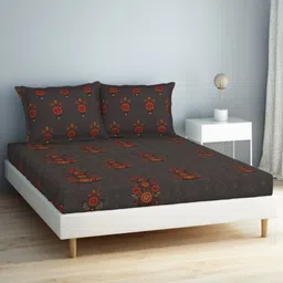 SPACES Aurum Grey Ethnic Motifs Pure Cotton 140 TC Queen Bedsheet with 2 Pillow Covers-image-19