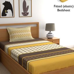 Home Ecstasy Mustard Yellow & Brown Pure Cotton 140 TC Fitted Single Bedsheet Set-image-56