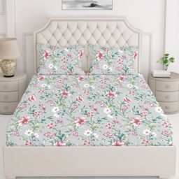 Layers Grey & Pink Floral Printed Pure Cotton 140 TC King Bedsheet with 2 Pillow Covers-image-53