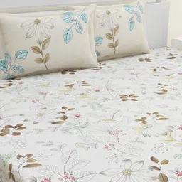 HOME AFFAIRS White & Brown Floral 180 TC King Pure Cotton Bedsheet with 2 Pillow Covers-image-92