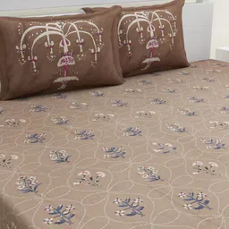 HOME AFFAIRS Brown & White Floral 180 TC King Pure Cotton Bedsheet with 2 Pillow Covers-image-90